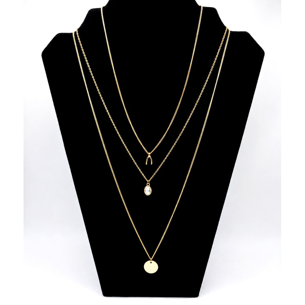 Triple Layer Gold Tone Necklace Crystal Wishbone Coin Charm Pendant Layered